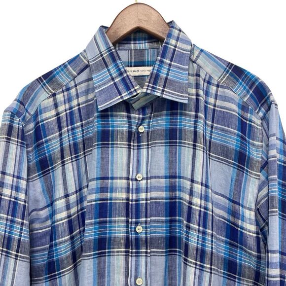 ETRO Button Down Dress Shirt  Vibrant Blue Plaid Check 100% Linen Men’s Size XL - Picture 4 of 9